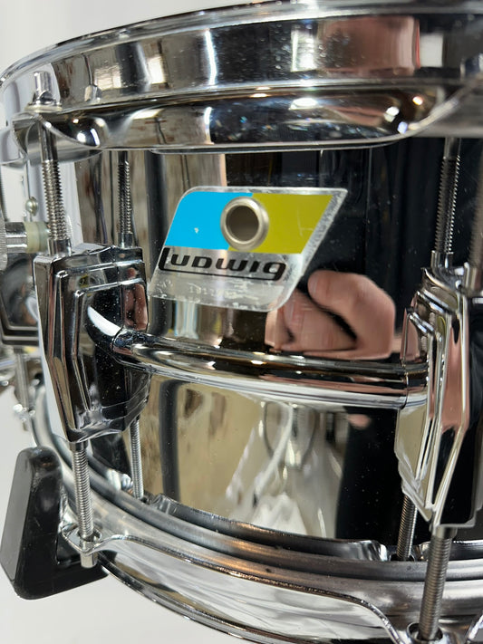 Ludwig No. 411 Super-Sensitive 6.5x14" 10-Lug Aluminum Snare Drum with Pointed Blue/Olive Badge 1969 - 1979 - Chrome-Plated - Used