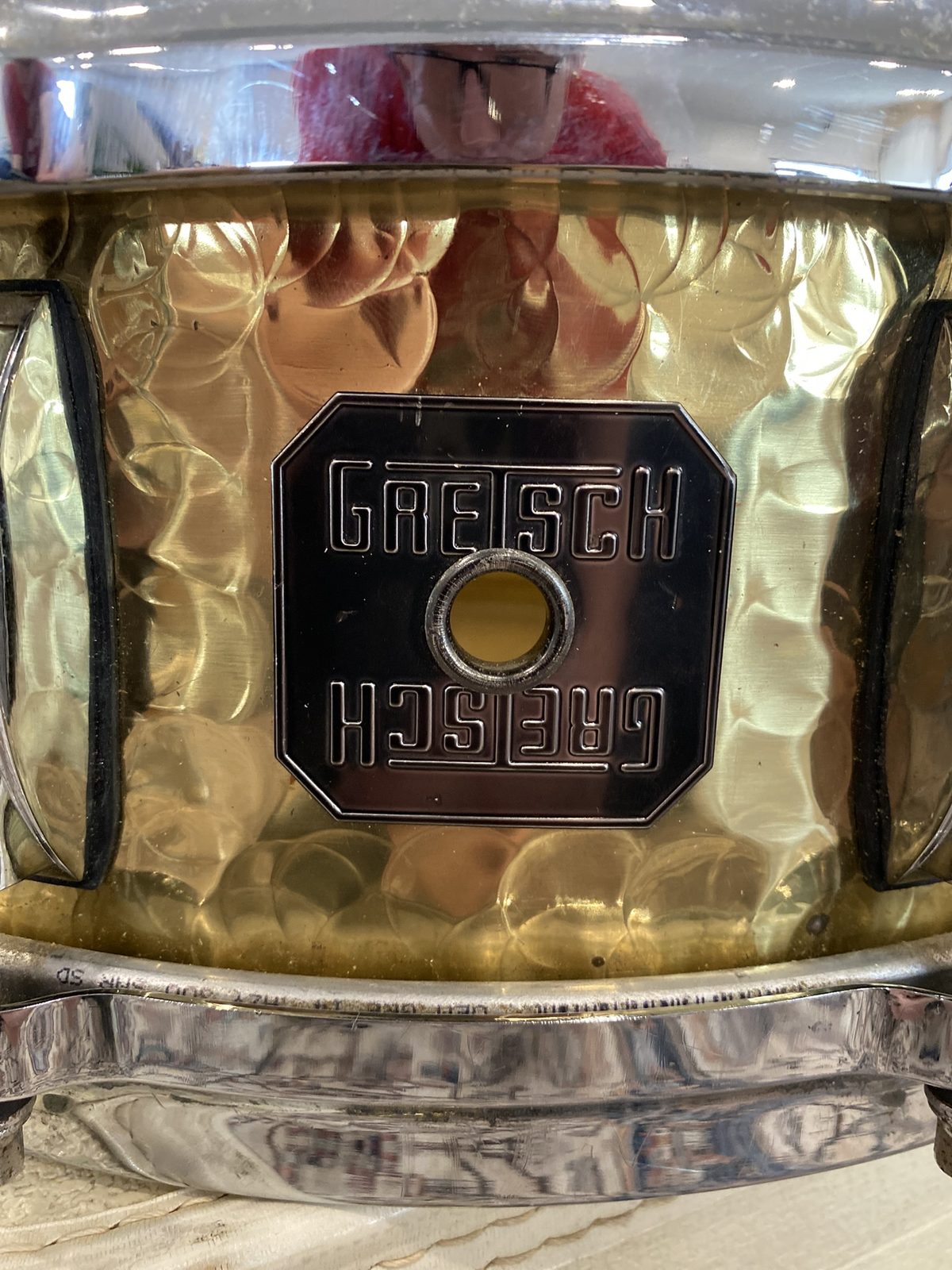 Gretsch Hammered Brass 5x14 Snare Drum - Stop Sign Badge